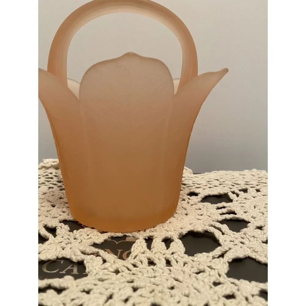 Vintage Mikasa Pink Satin Frosted Glass Tulip Basket Vase w/Handle Made In Japan